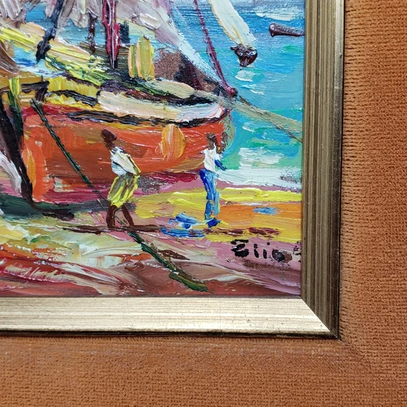 Vintage Oil Painting on Wood Panel Framed Velvet by Elio Small 3" × 6" - Picture 6 of 10